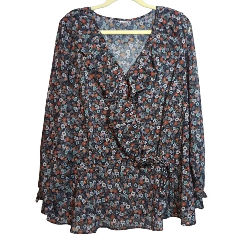 Creation L Floral Ruffle Faux Wrap Blouse Semi Sheer Chic Size XL